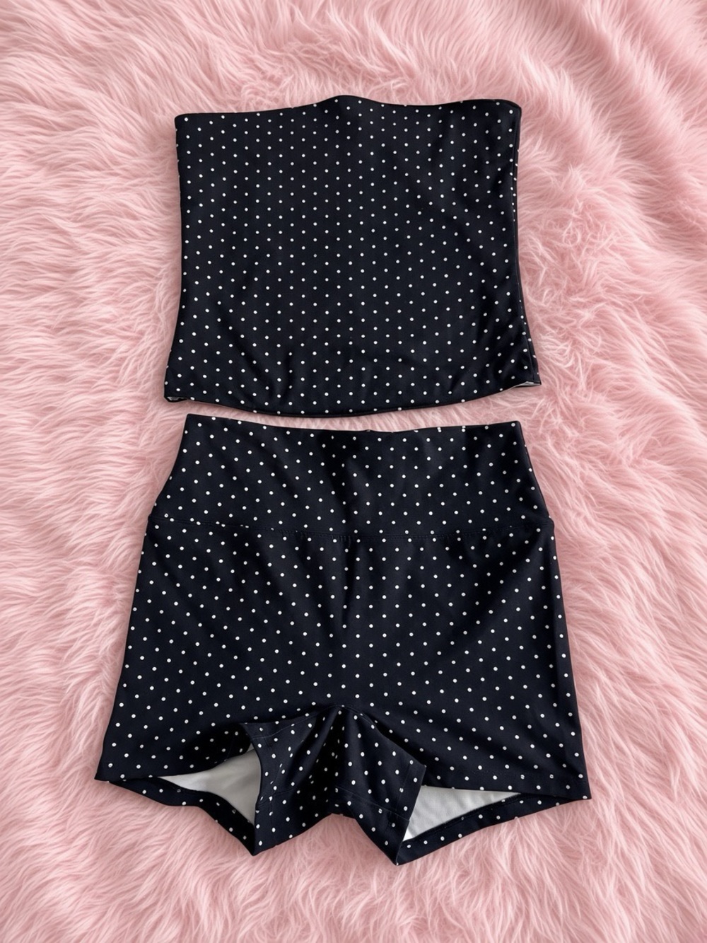 Black Polka Dot Strapless Bandeau & High-Waist Shorts Set